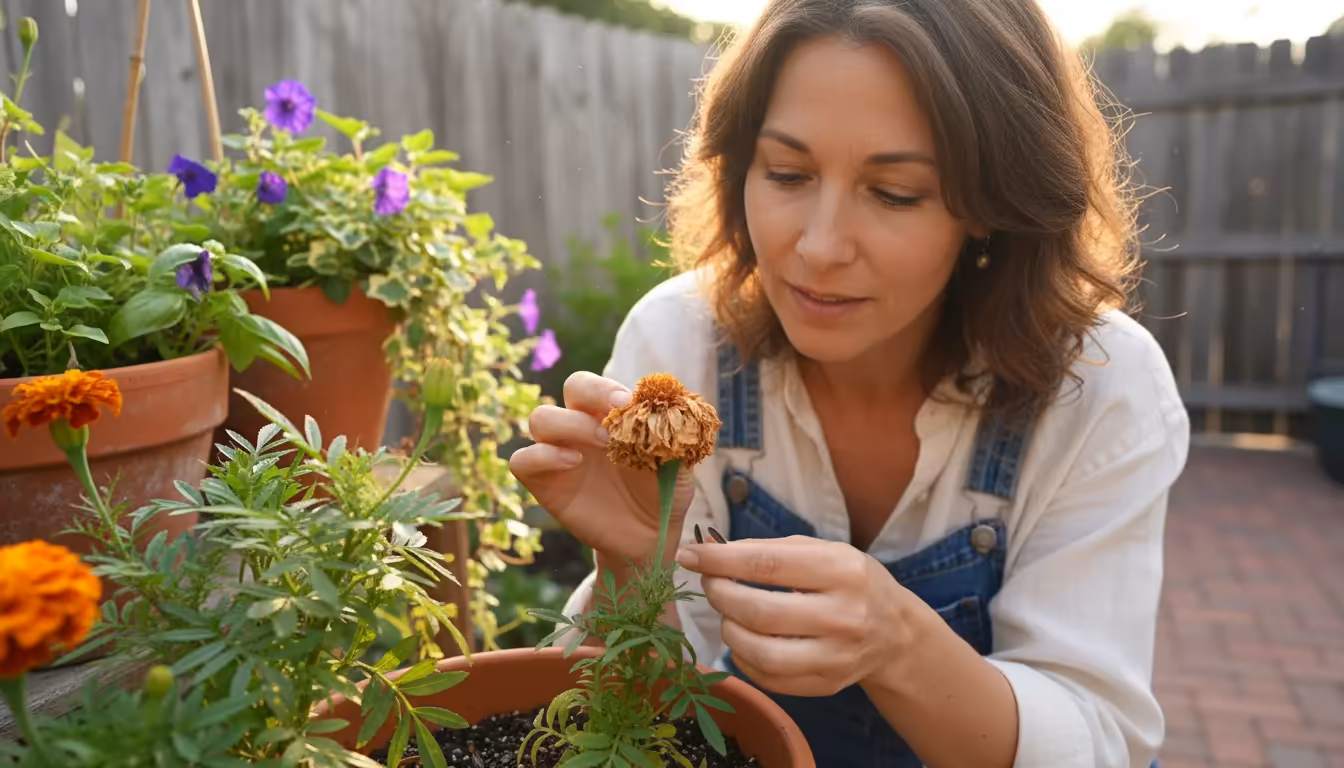 Woman closely inspecting a drying marigold flower head on a container plant on a sunny balcony, observing mature seeds.