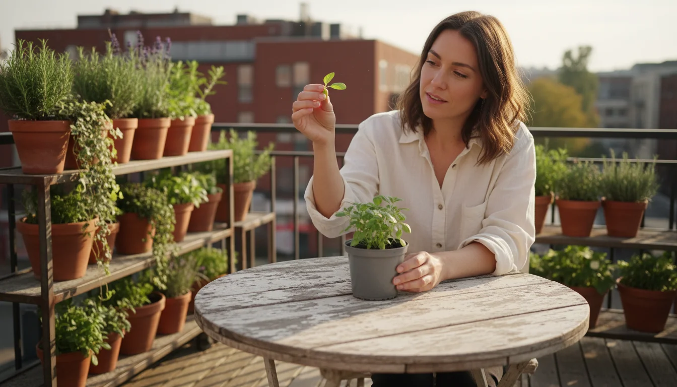 A woman closely inspects a new herb plant in a nursery pot on a balcony table, isolated from other blurred container plants.