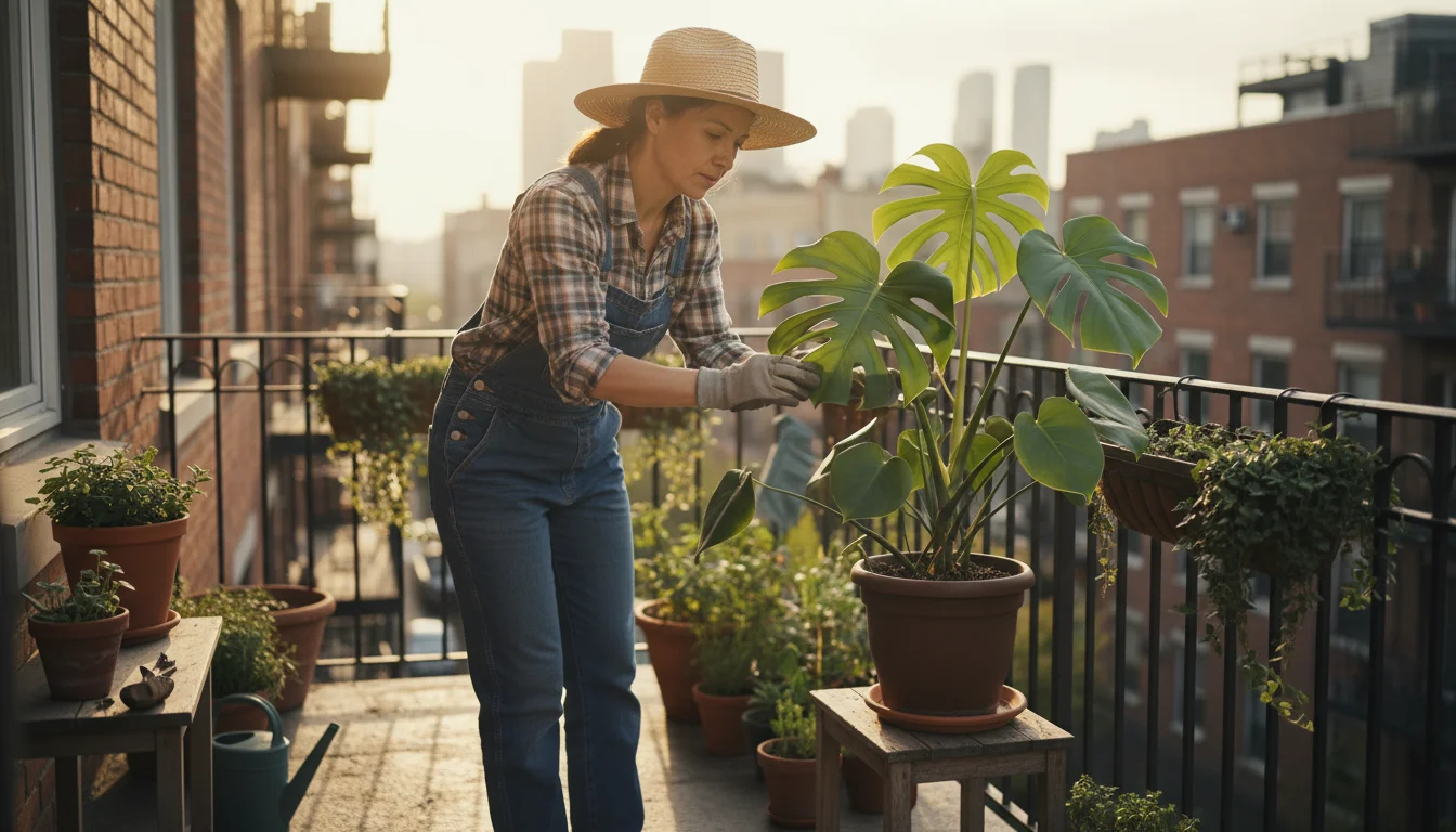 A woman closely inspects the underside of a large monstera leaf on a sunny balcony, surrounded by other potted plants.
