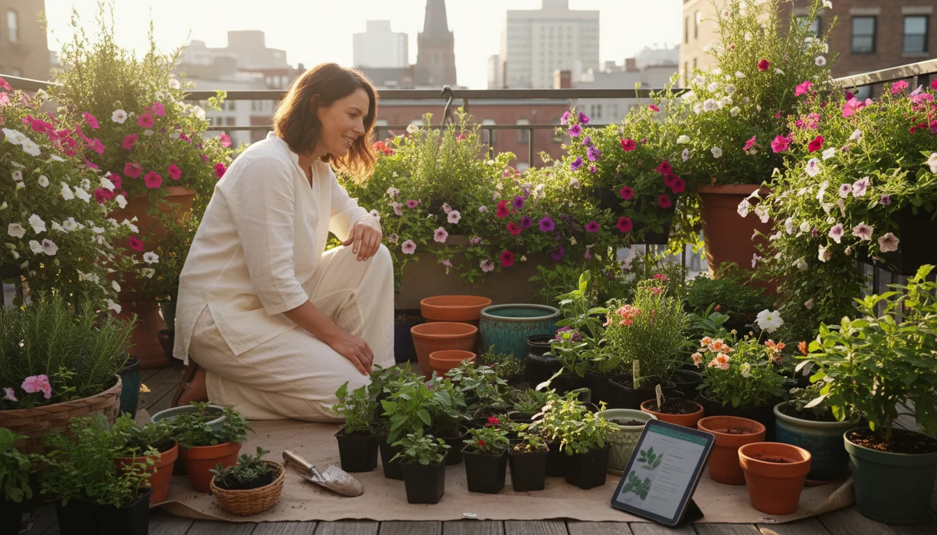 Woman contemplating numerous new plants and empty pots on a small balcony, with a gardening tablet nearby.