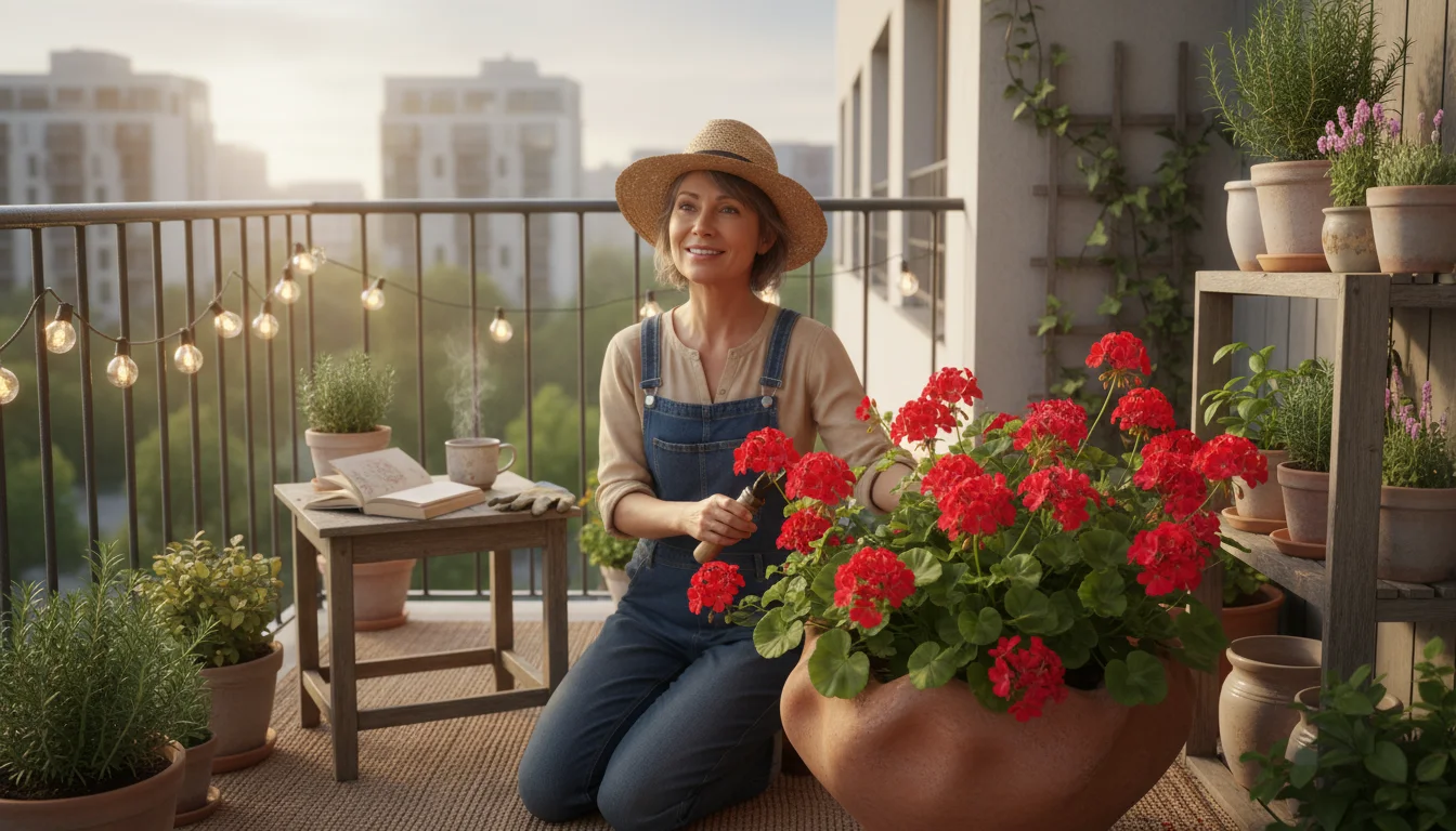 Woman on a cozy balcony gently touches a thriving mature geranium in a large pot; smaller, propagated geraniums sit nearby.
