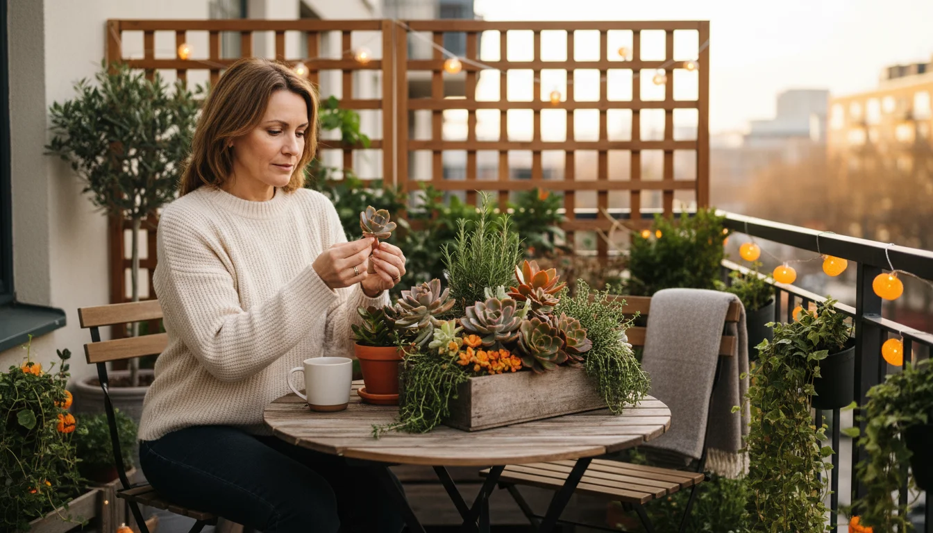 Woman in cozy sweater inspecting a vibrant fall centerpiece of potted herbs and succulents on a patio table, surrounded by other container plants.