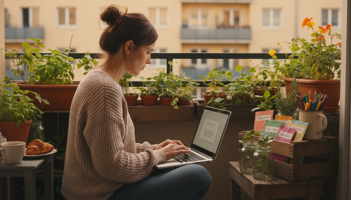 Woman crafting a fall cuttings and seed swap invitation on her laptop, surrounded by labeled seed packets and plant cuttings on a cozy balcony.