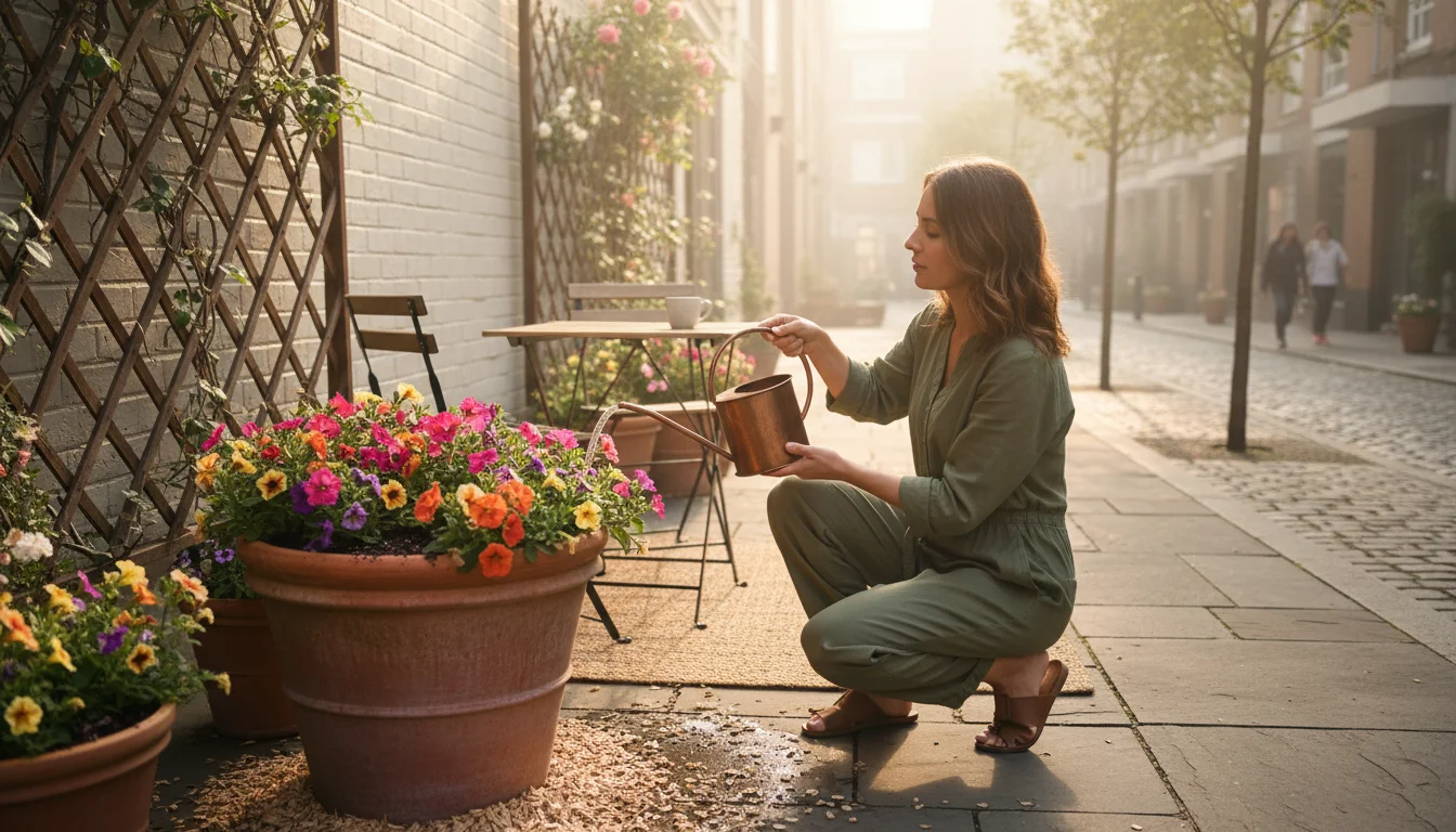 Woman deeply watering a potted calibrachoa plant with a metal can on an urban patio. Fresh mulch and a temporary shade structure are visible.