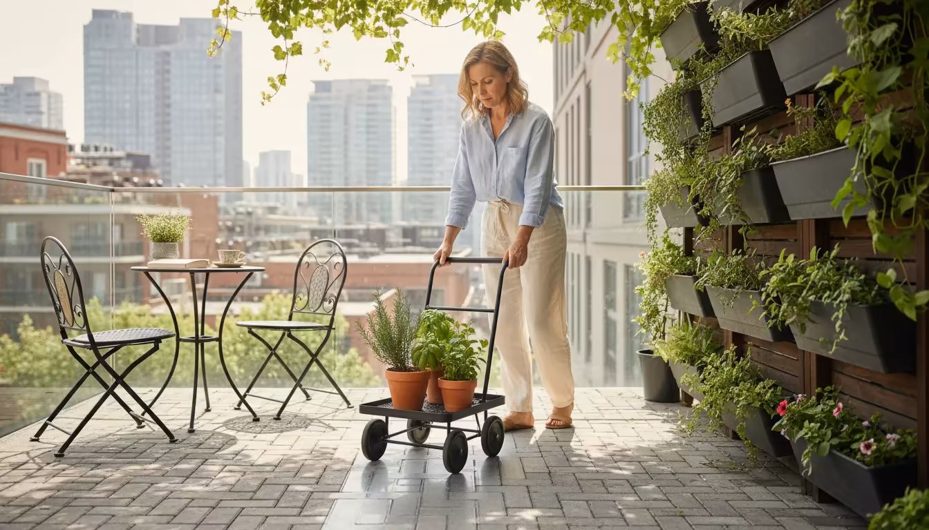A woman effortlessly moves potted herbs on a wheeled caddy along a clear, narrow pathway on a balcony, demonstrating efficient plant shifting.