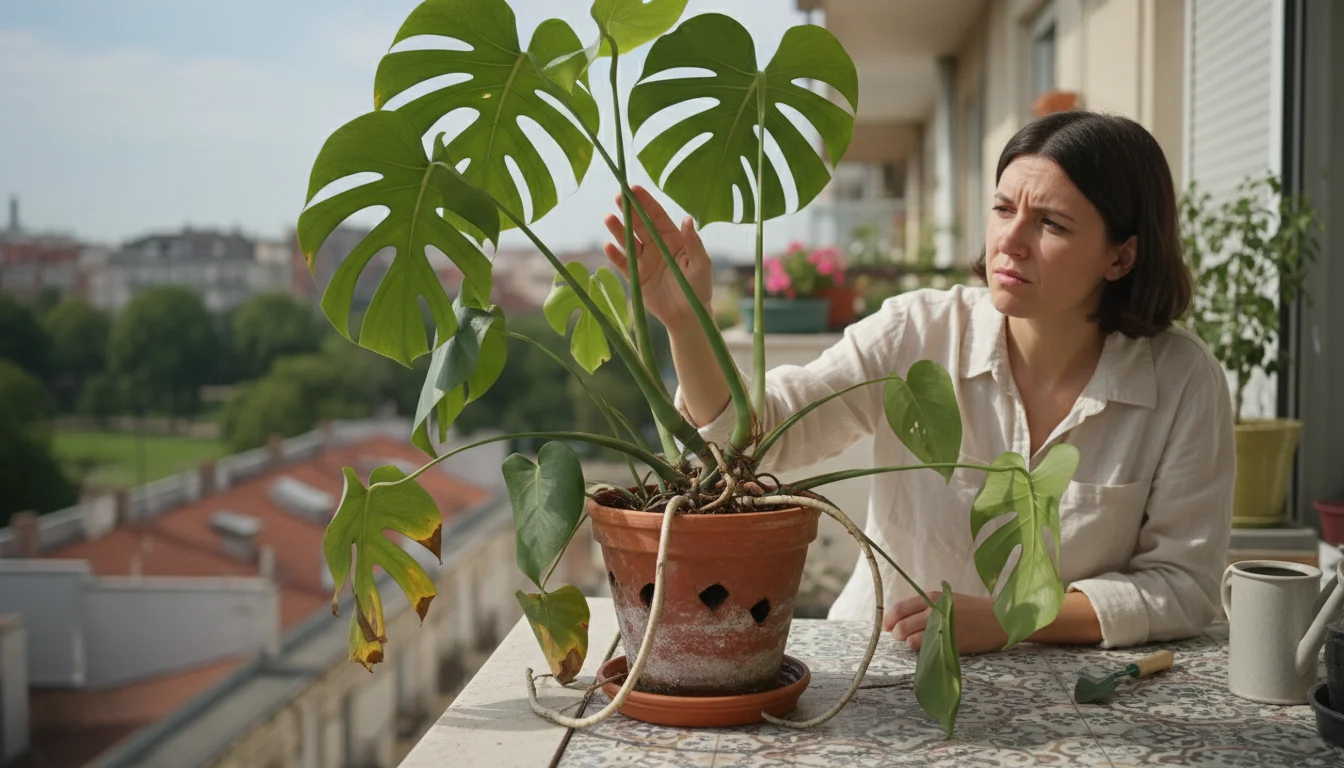 A woman examines a large, root-bound monstera plant with visible roots in a small terracotta pot on a sunny urban balcony.