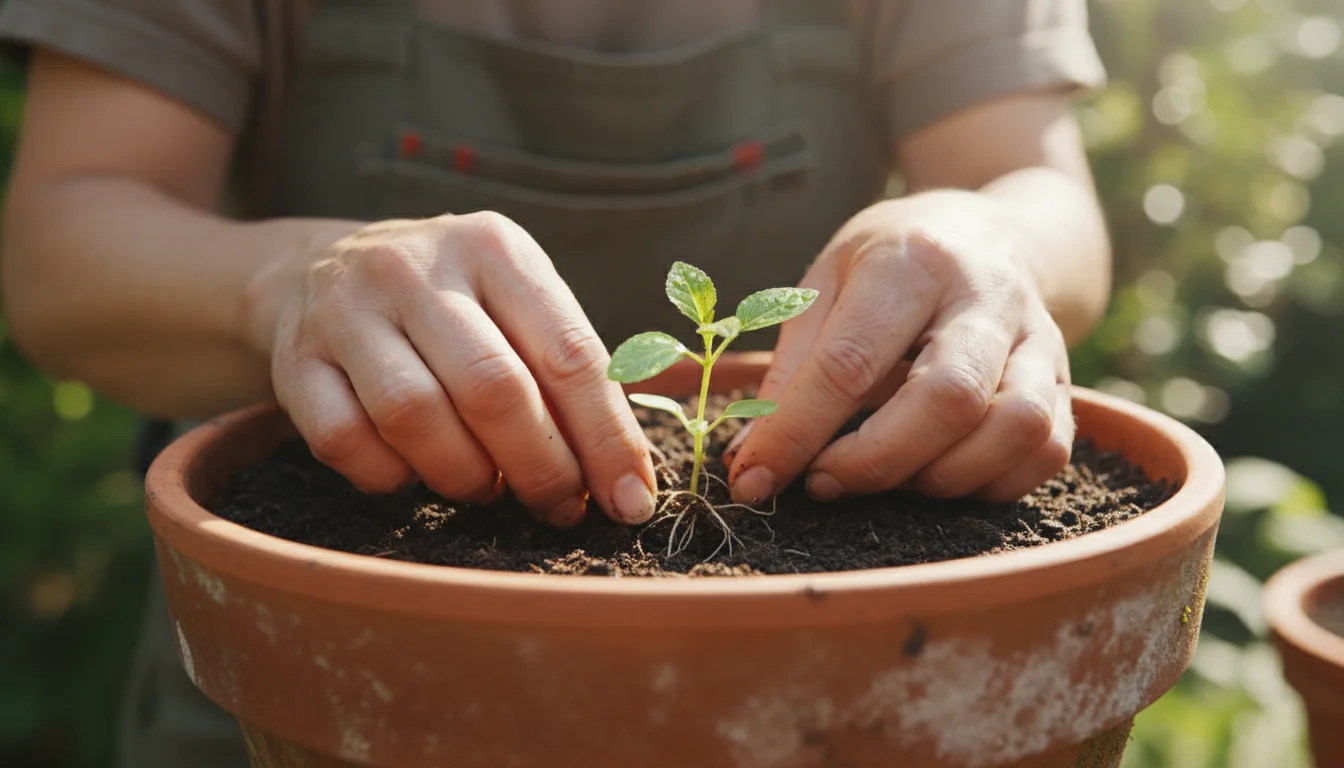 A woman's fingers are deeply embedded in the damp soil of a terracotta pot with rosemary, checking moisture on a sunny patio.