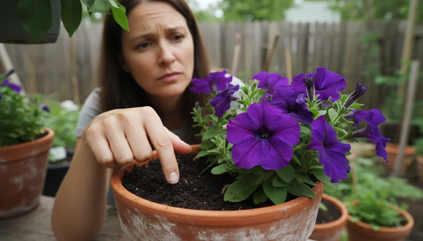 A woman's fingers gently test the soil moisture of a purple petunia in a terracotta pot on a balcony, her expression thoughtful.