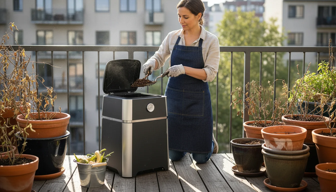 Woman in gardening gloves empties spent potting mix into a small compost tumbler on a bright urban balcony with container plants.