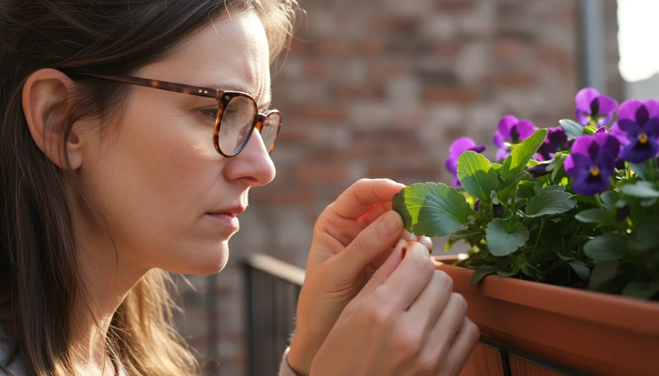 Woman with glasses closely inspects the underside of a purple pansy leaf in a terracotta window box on a balcony, revealing a small chew mark.