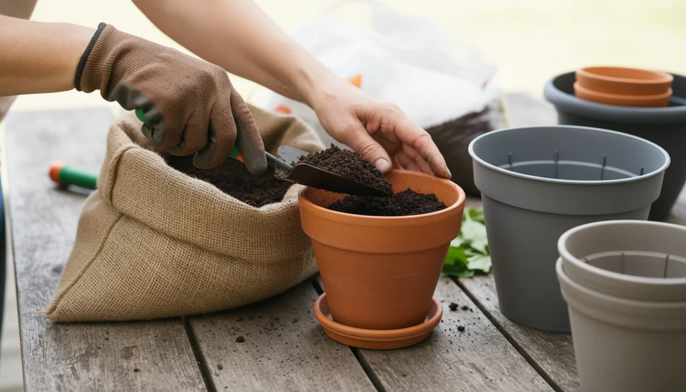 A woman's gloved hand scoops dark potting mix into a terracotta pot, with another planter and soil bags visible on a patio table.