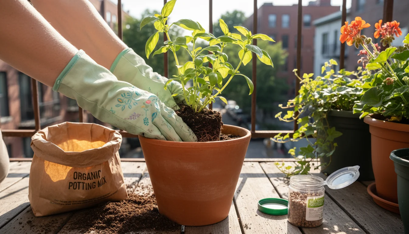 A woman's gloved hands gently place a basil plant into dark, fresh potting soil in a terracotta pot on a small balcony table.