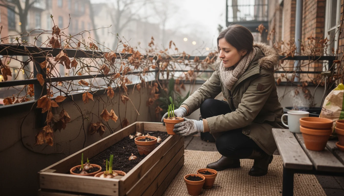 Woman in gloves placing small terracotta pots with early sprouting bulbs into a wooden cold frame on an urban balcony.