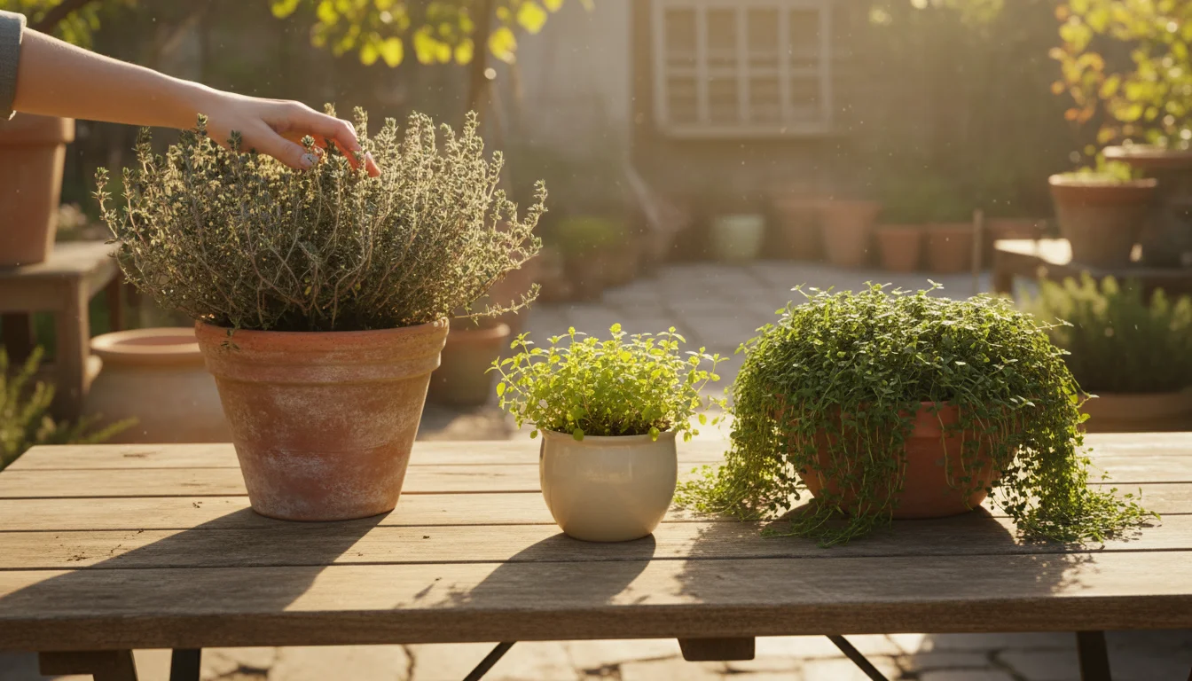 A woman's hand gently brushes common thyme in a pot, alongside lemon and creeping thyme, on a sunny patio table.