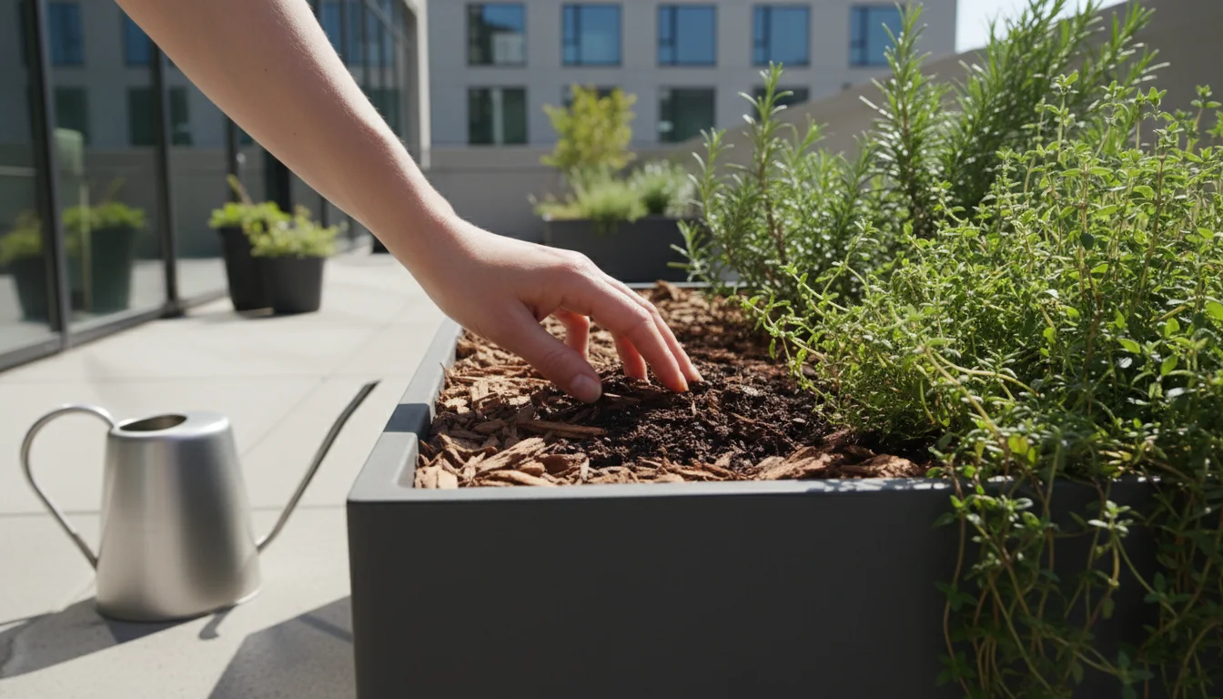 Woman's hand checking soil moisture below wood chip mulch in a grey container with herbs on a sunny patio, minimalist watering can nearby.