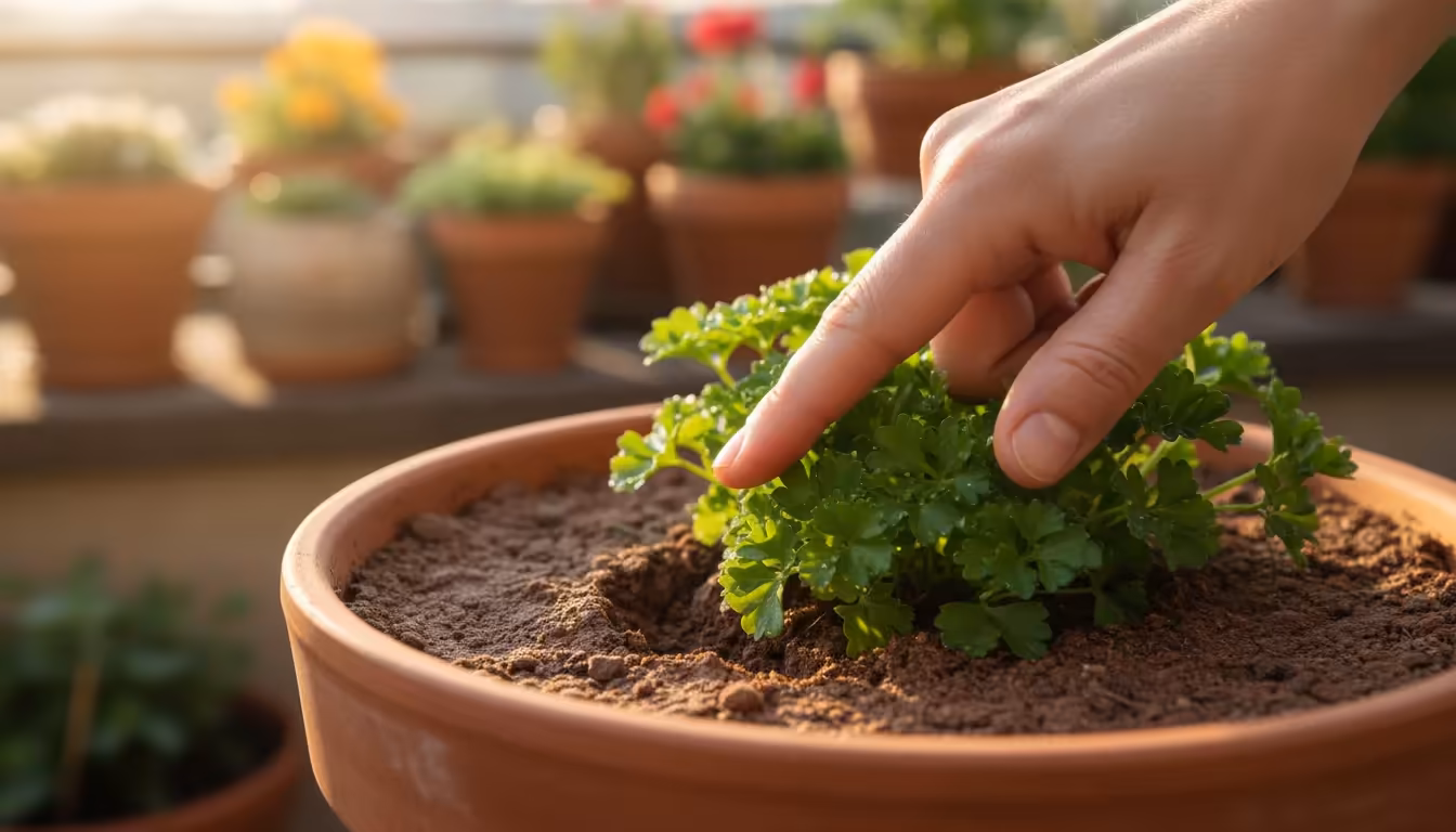 Close-up of a woman's hand checking soil moisture in a terracotta pot with a thriving herb, bathed in soft morning light on a balcony.