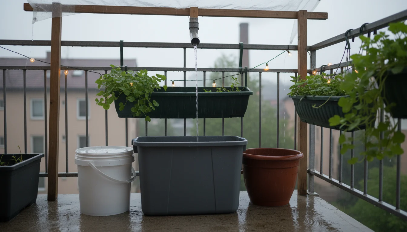 A woman's hand checks rainwater collected in a white repurposed bucket on a small, drizzly urban balcony, with various potted plants nearby.