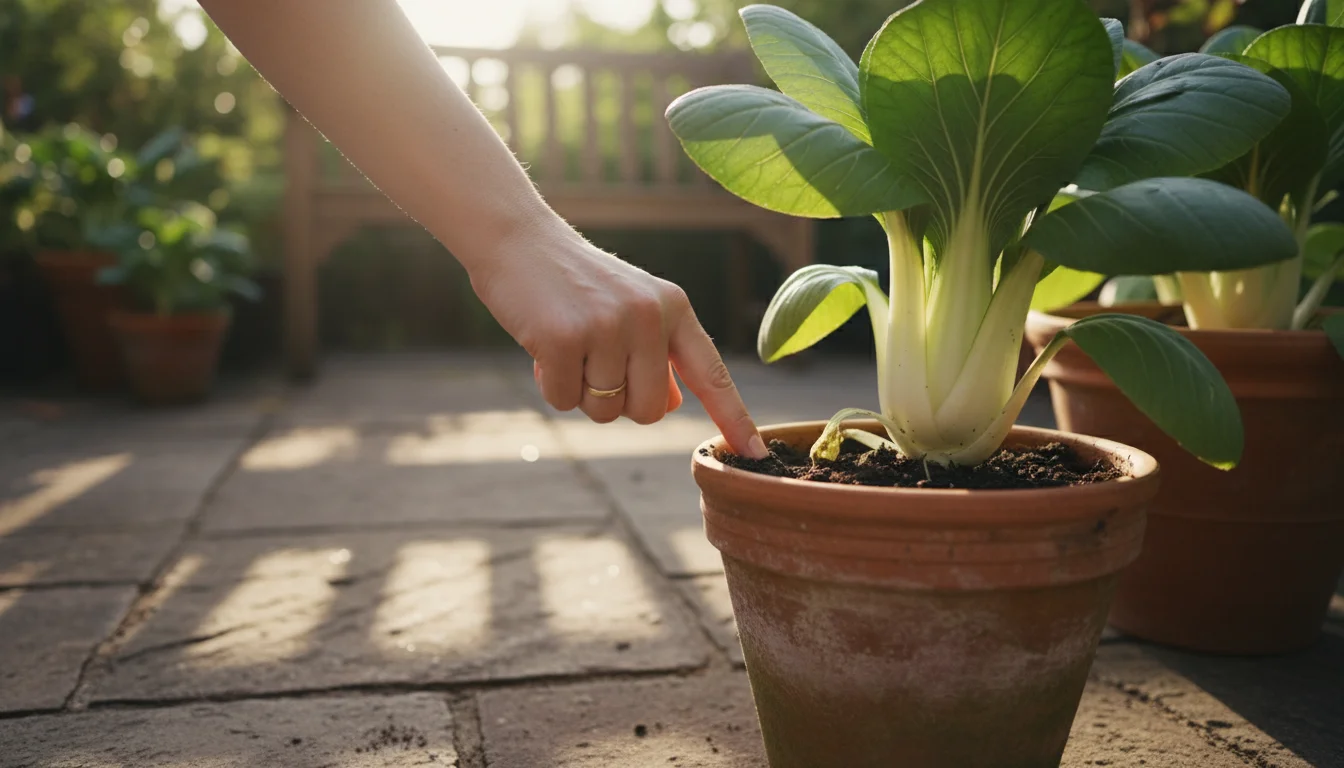 A woman's hand checks soil moisture with a finger in a terracotta pot containing a lush pak choi plant on a sunny patio.