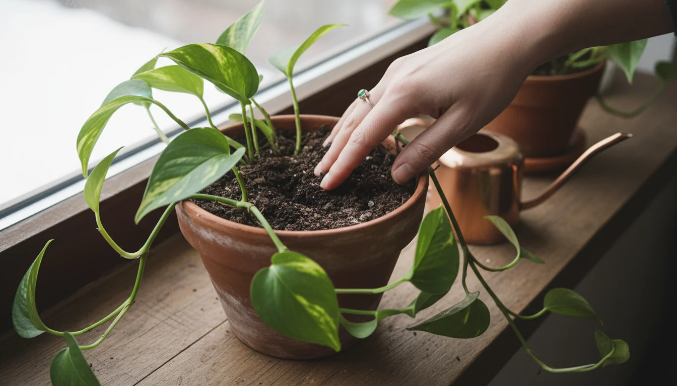 A woman's hand checks the soil moisture of a green Pothos plant in a terracotta pot by inserting her finger 2-3 inches deep.