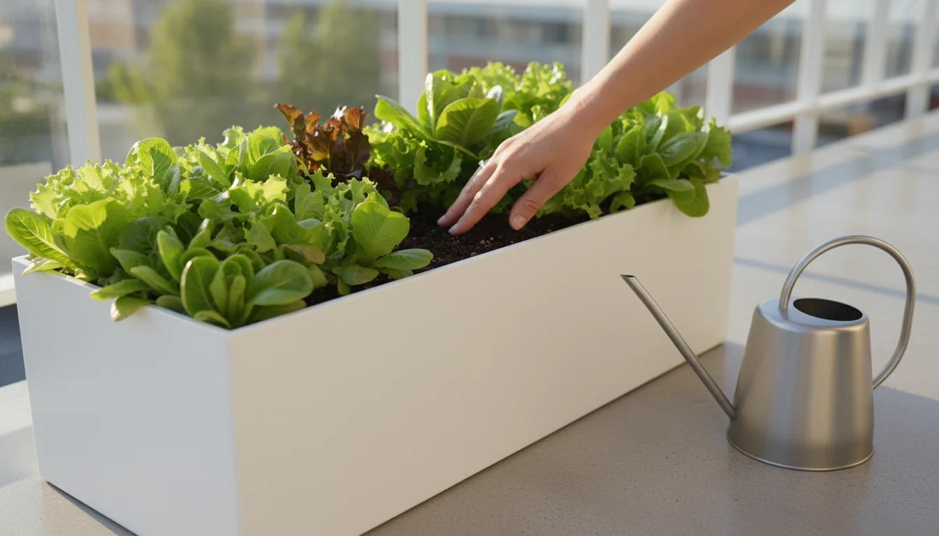 Woman's hand checks soil moisture in a modern rectangular planter with vibrant lettuces on a sunny balcony. A watering can is nearby.