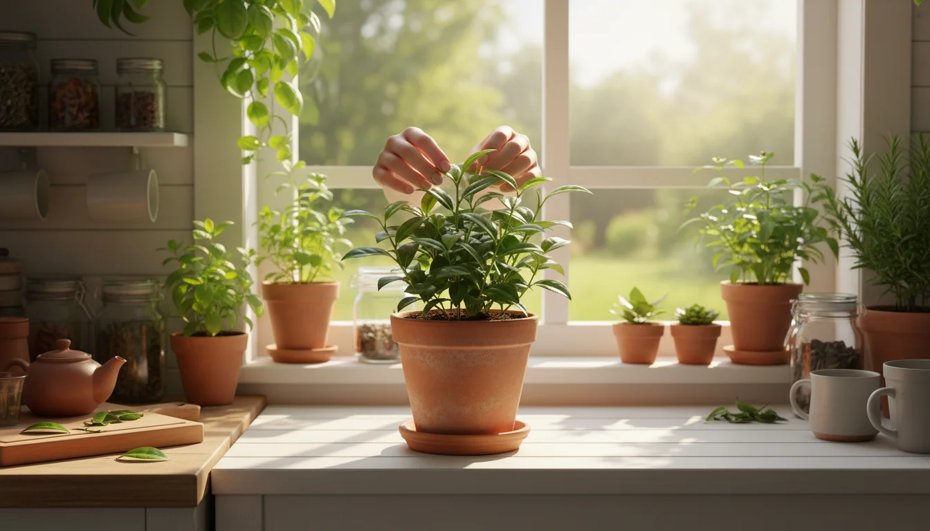 A woman's hand gently cups the small, glossy leaves of a potted Camellia sinensis sinensis tea plant on a bright windowsill.