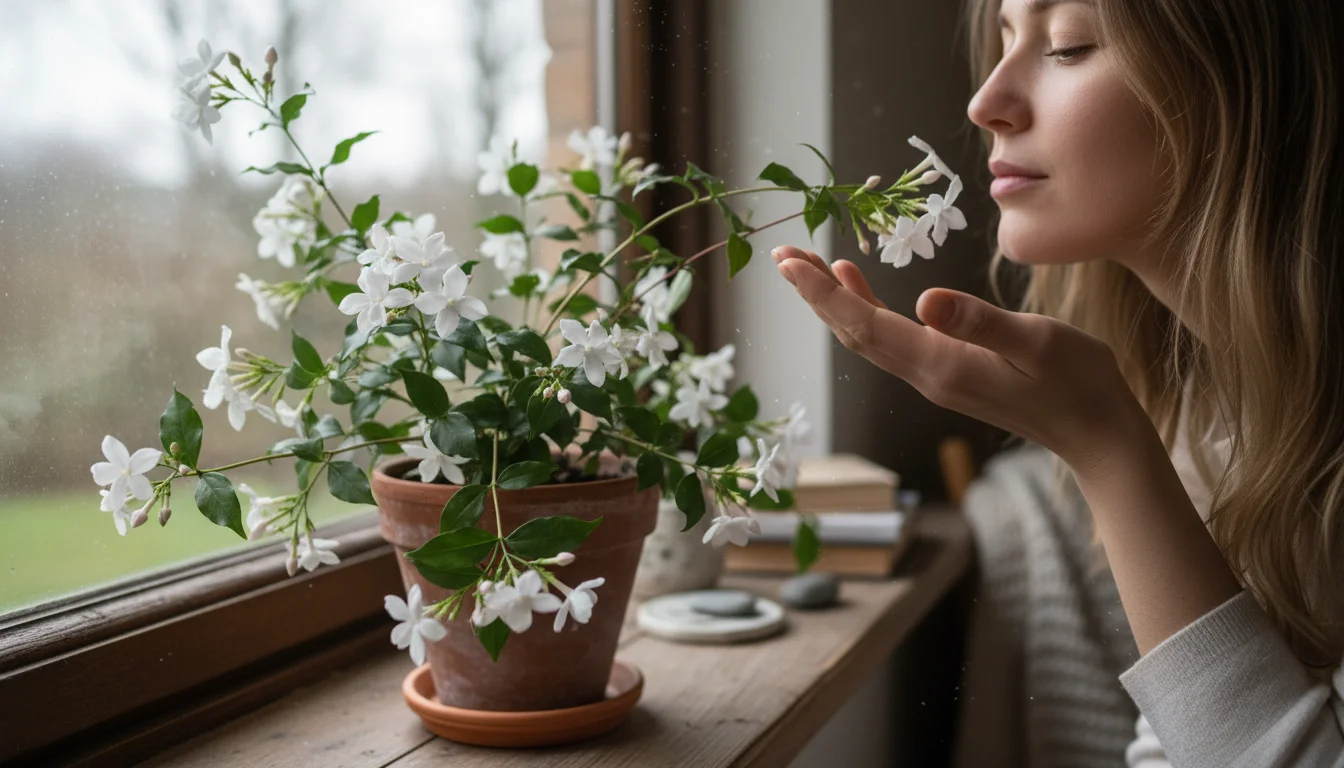 Woman's hand gently cups white jasmine blooms by her nose on an indoor windowsill, eyes closed in pure delight.