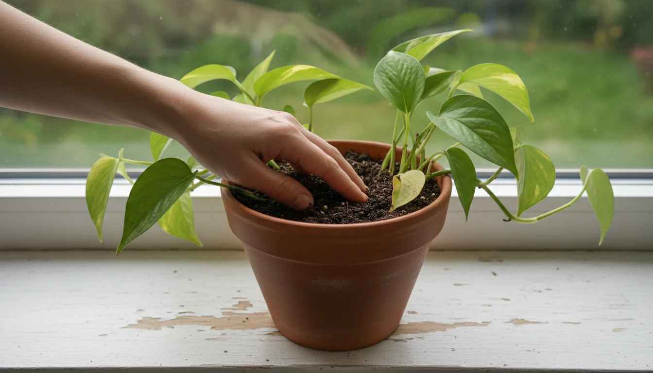 Woman's hand with fingers checking soil moisture of a green Pothos plant in a terracotta pot on a windowsill.