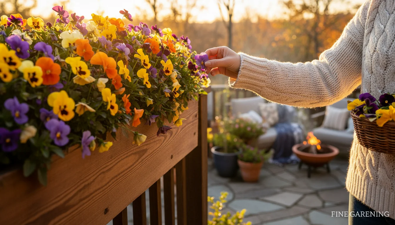 A woman's hand gently harvests a vibrant purple viola from a rustic wooden window box filled with colorful edible pansies and violas on a sunny fall b