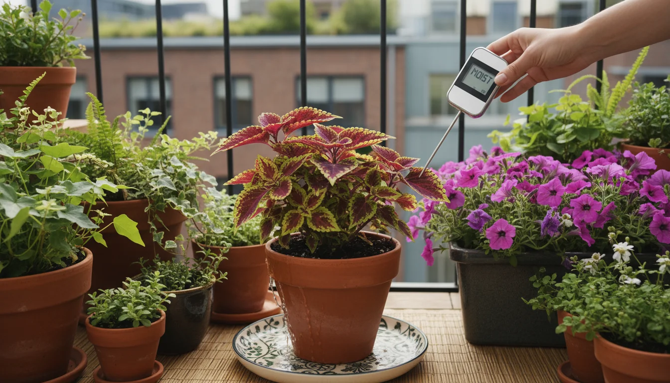 A woman's hand holds a digital moisture meter next to a terracotta pot actively bottom-watering on a sunny balcony, surrounded by lush plants.