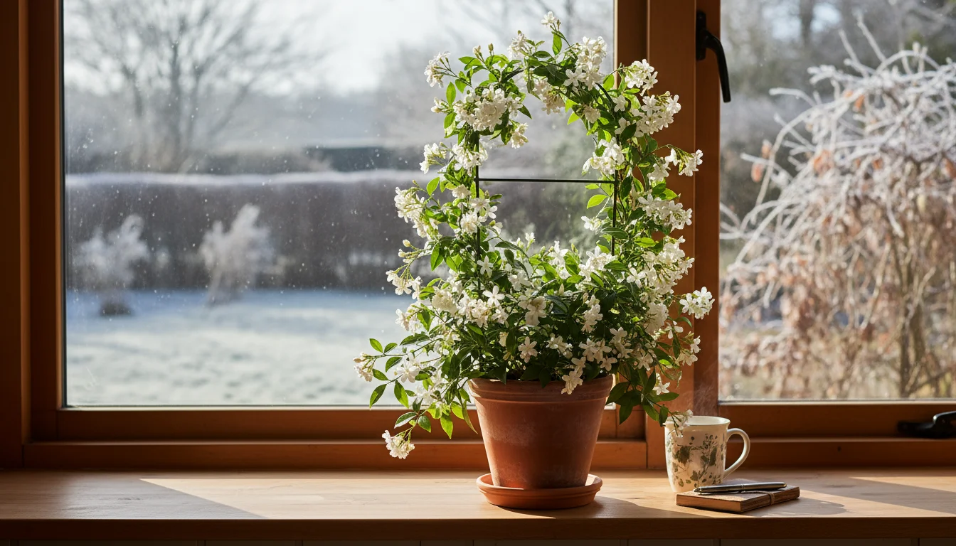 A woman's hand gently hovers near abundant white Jasminum polyanthum blooms on a sunlit kitchen windowsill.