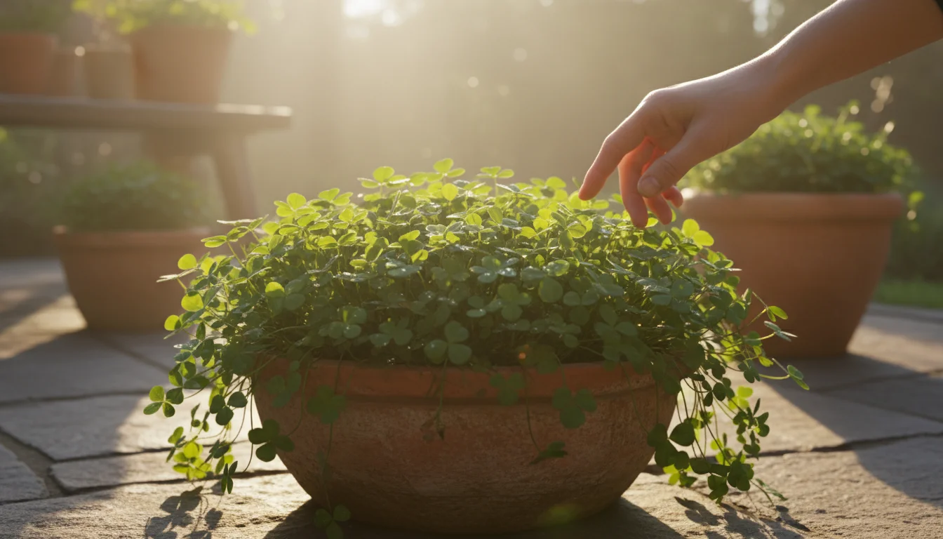 Woman's hand gently inspecting lush green clover cover crops growing in a terracotta pot on a patio.