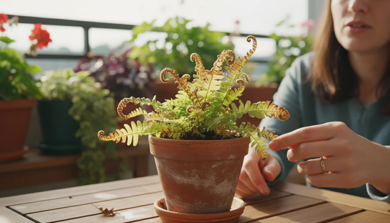 A woman's hand inspects a potted fern on a balcony table, revealing crispy brown leaf tips and yellowing lower leaves.