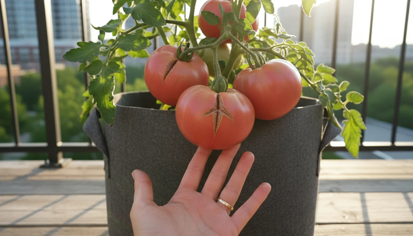 A woman's hand gently inspects a ripe, rosy 'Brandywine' heirloom tomato on a vigorous plant in a fabric grow bag on a sunny balcony.