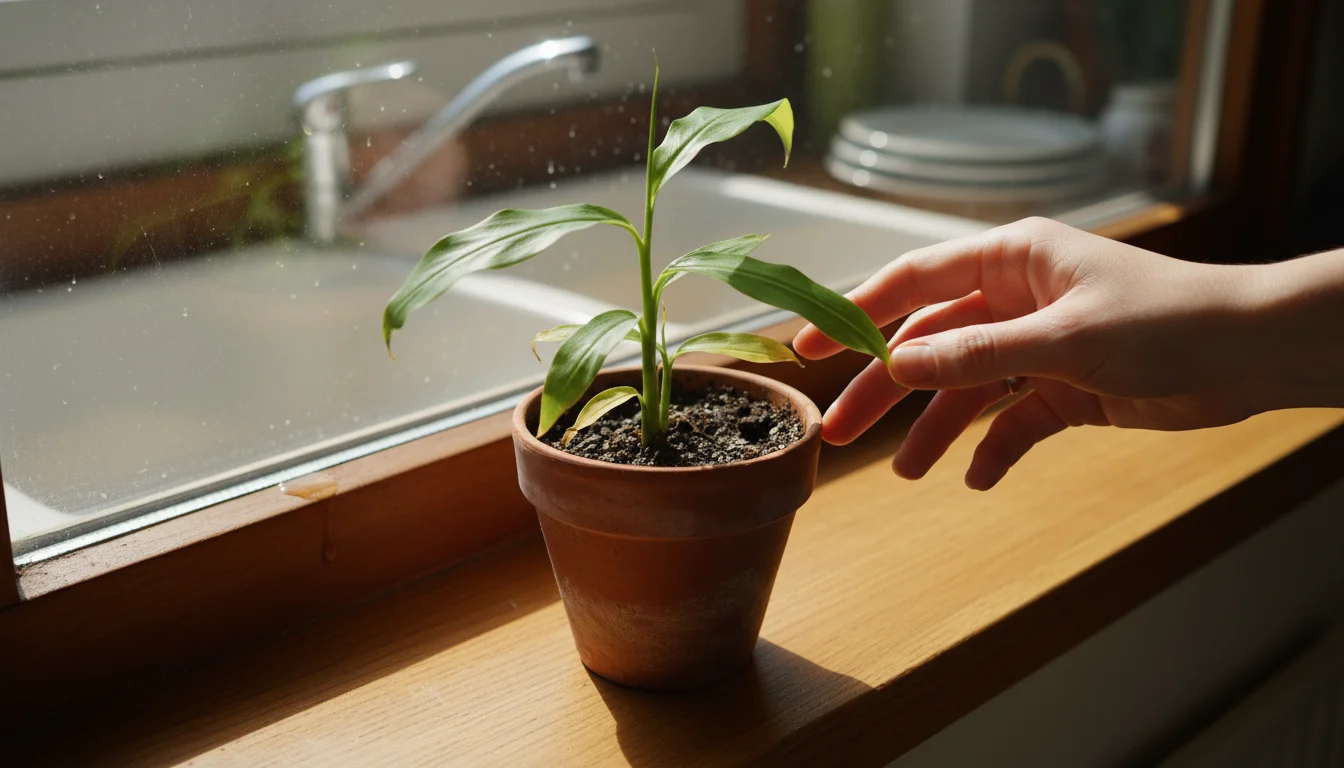 A woman's hand gently inspects a small potted ginger plant with slightly yellowed leaves on a bright windowsill, indicating a minor issue.