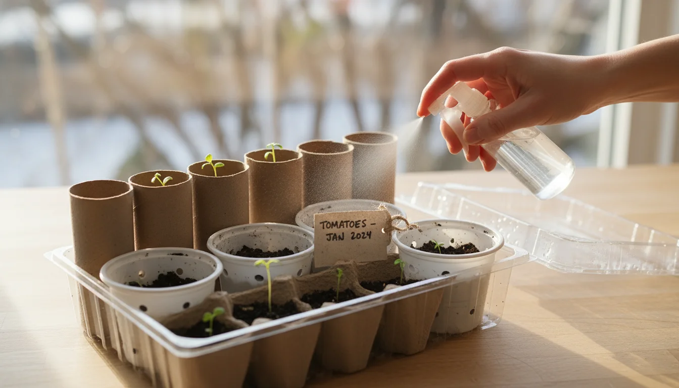 Overhead view of a woman's hand misting soil in various repurposed containers inside a clear plastic seed-starting tray on a kitchen counter.