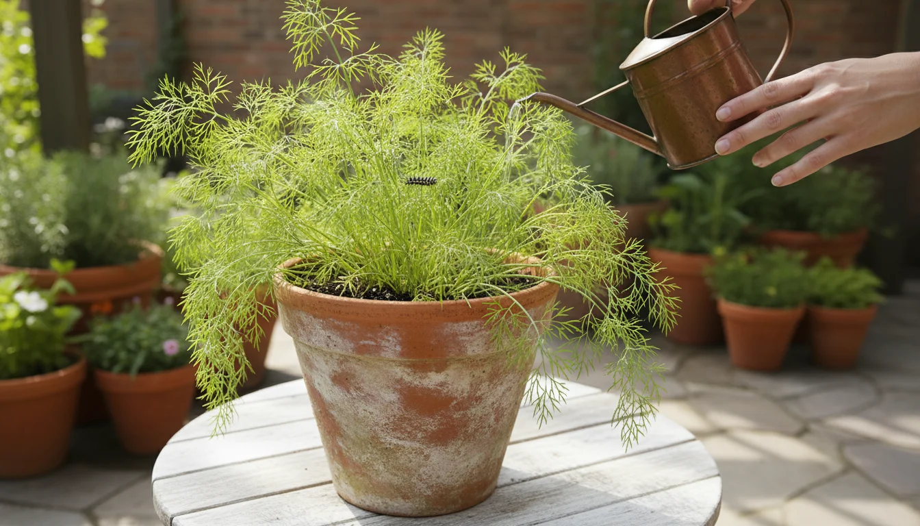 A woman's hand observing a small Black Swallowtail caterpillar munching on dill in a terracotta pot on a small, sunny patio.