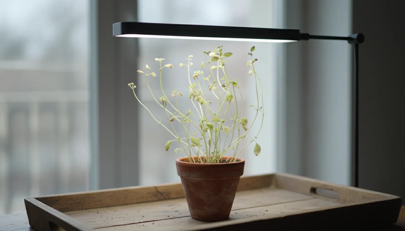 A woman's hand pinches a leggy basil stem in a terracotta pot. A minimalist LED grow light hangs visibly too high above the spindly plant.