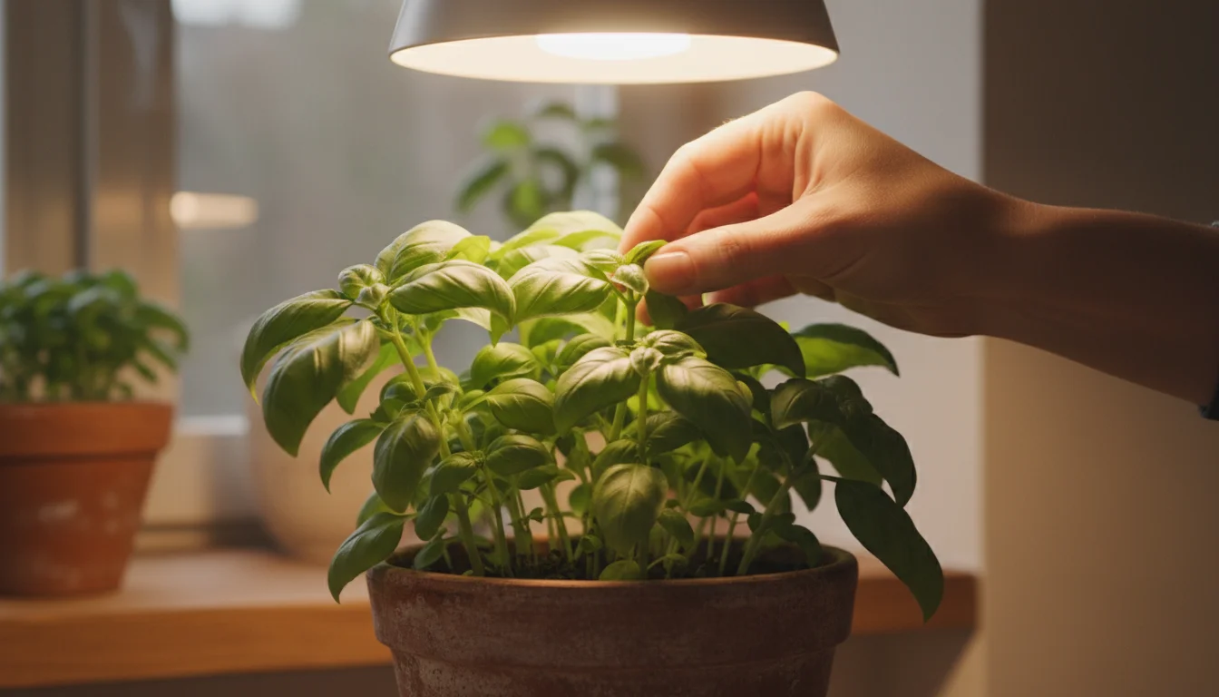 Woman's hand carefully pinches new growth from a vibrant, bushy basil plant in a terracotta pot under a grow light.