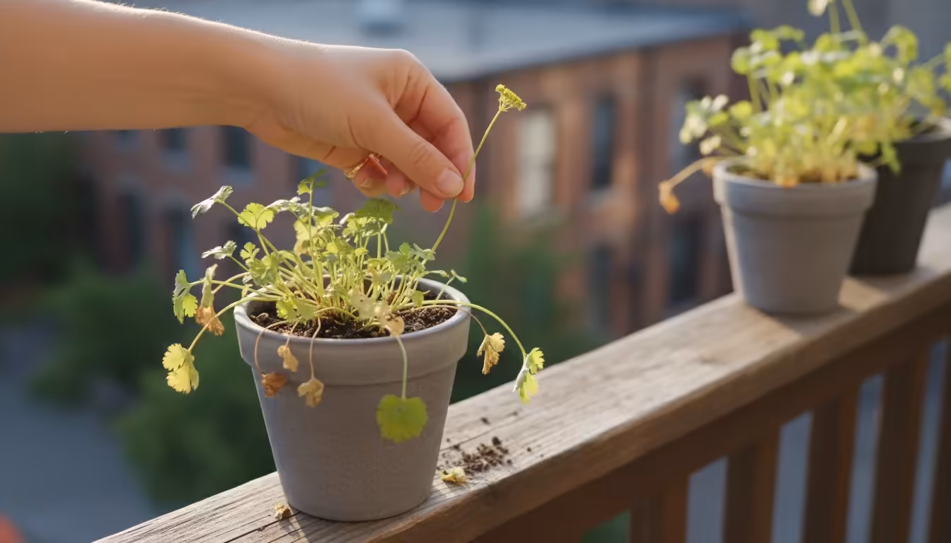 A woman's hand gently pinches a slender flower stalk from a bolting cilantro plant in a pot on a balcony railing, bathed in golden light.