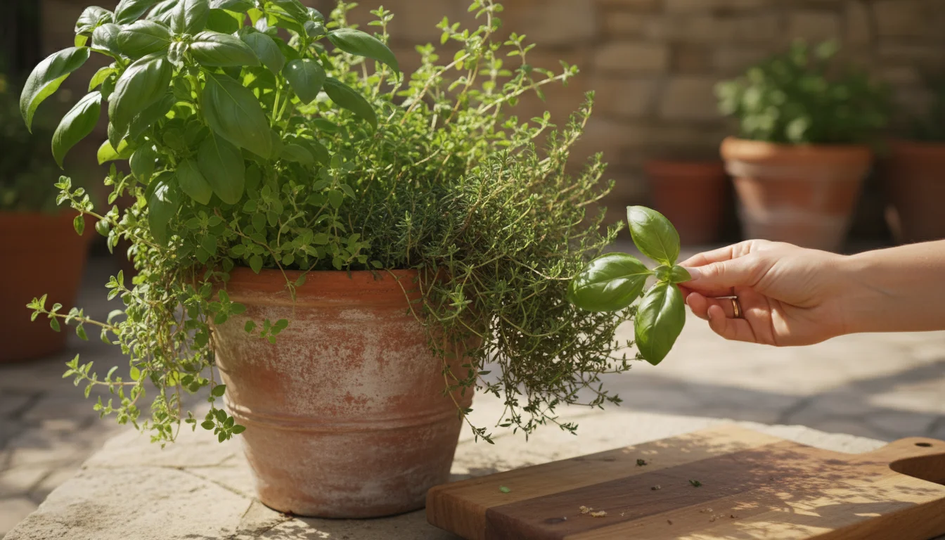 A woman's hand plucks basil from a