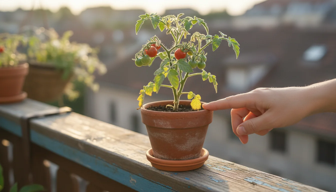 A woman's hand points to a slightly yellowed leaf on a micro-tomato plant in a terracotta pot on a balcony railing, signaling observation.