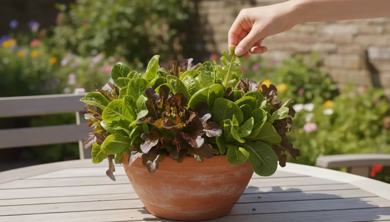 Woman's hand poised to harvest vibrant loose leaf lettuce from a terracotta pot on a sunny patio table, emphasizing continuous yield.