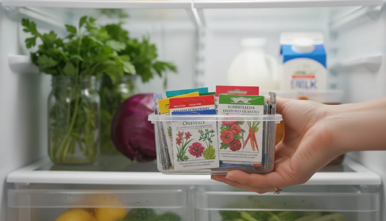 Woman's hand pulling a clear container of colorful seed packets from a home refrigerator shelf.