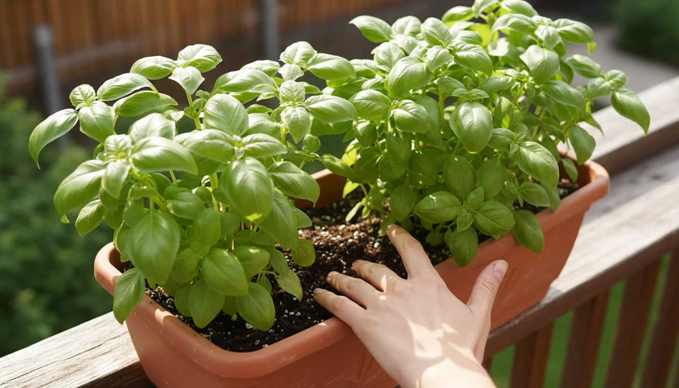 A woman's hand gently rakes through rich, dark, moist soil in a vibrant basil self-watering container on a sunny balcony.