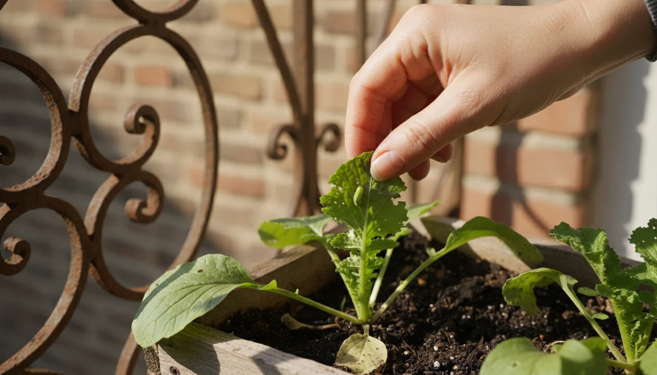 A woman's hand gently removes a small green caterpillar from the underside of a radish leaf in a sunny window box.