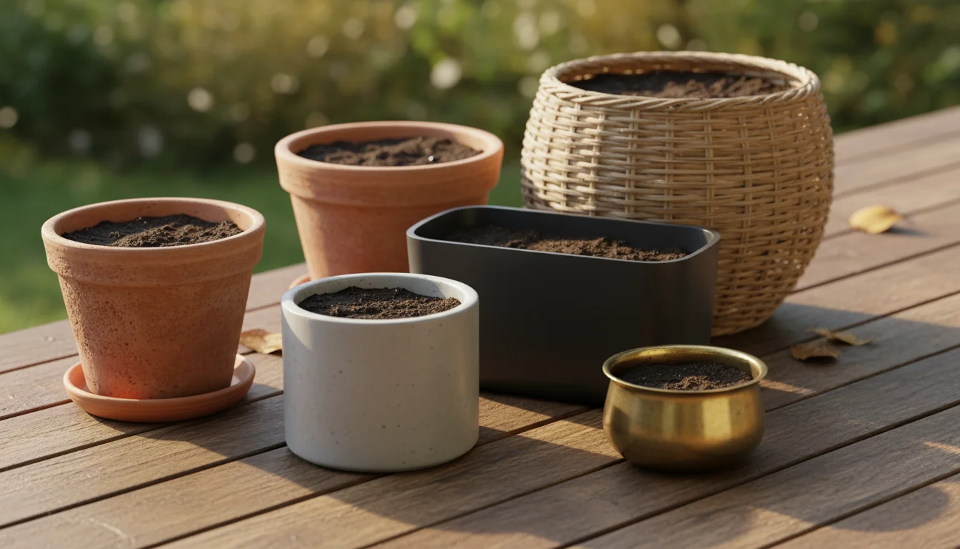 Close-up of a woman's hand resting on an empty unglazed terracotta pot, surrounded by concrete, fiberglass, and glazed ceramic pots on a wooden deck,