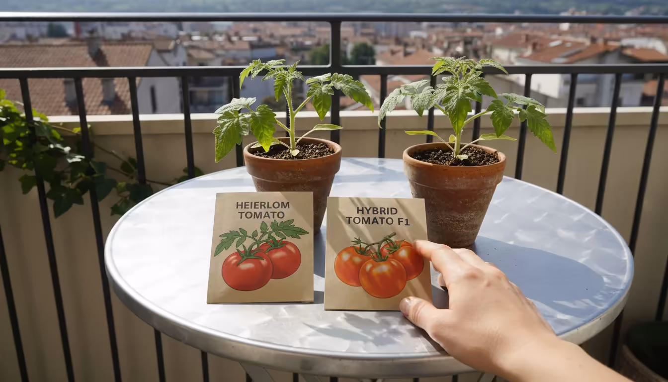 A woman's hand rests between 'Heirloom' and 'Hybrid' tomato seed packets, each with a small seedling in a terracotta pot on a balcony table.