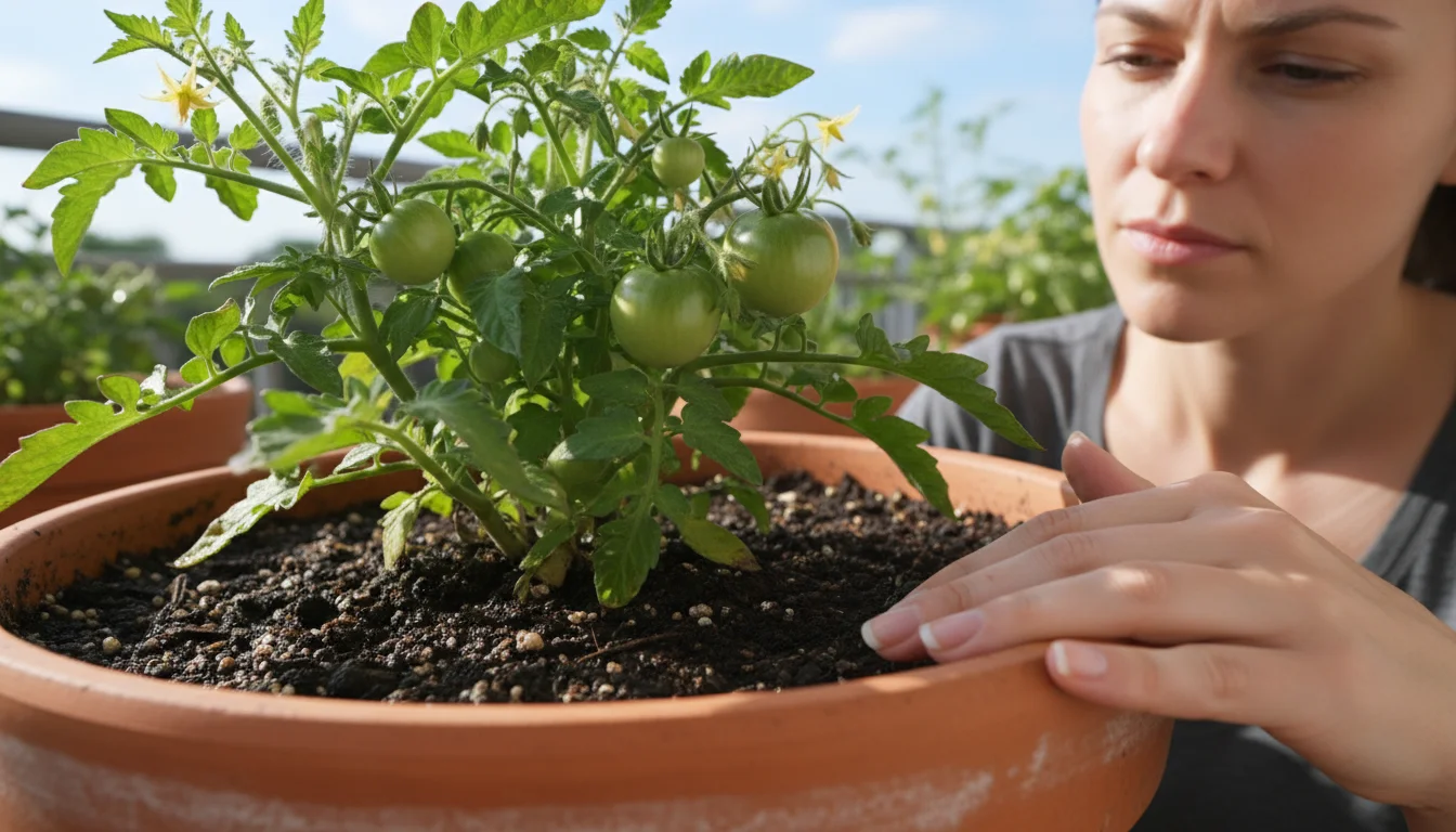A woman's hand rests on a pot rim, observing the perfectly moist, dark potting mix of a healthy container plant on a sunny balcony.