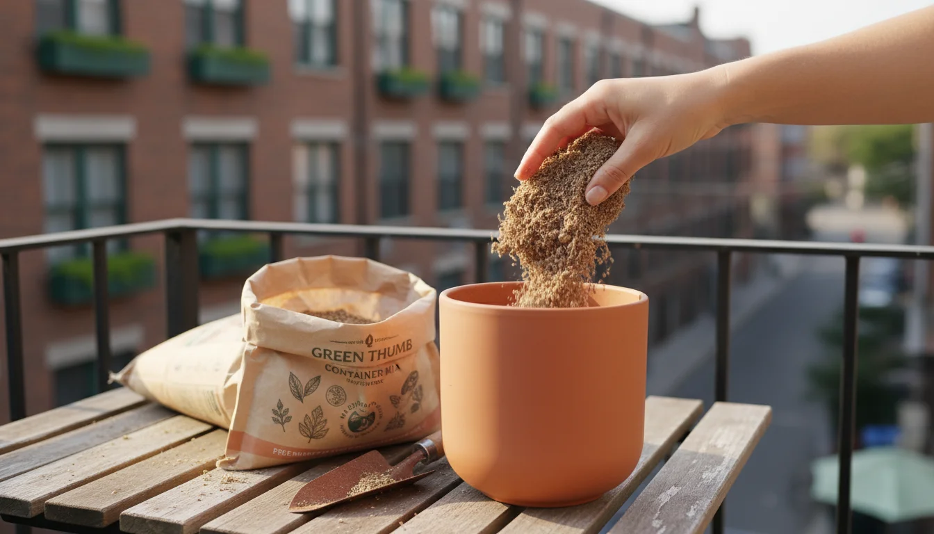 A woman's hand sifts light, airy potting mix with white perlite flecks into a terracotta pot on a balcony, an open bag nearby.