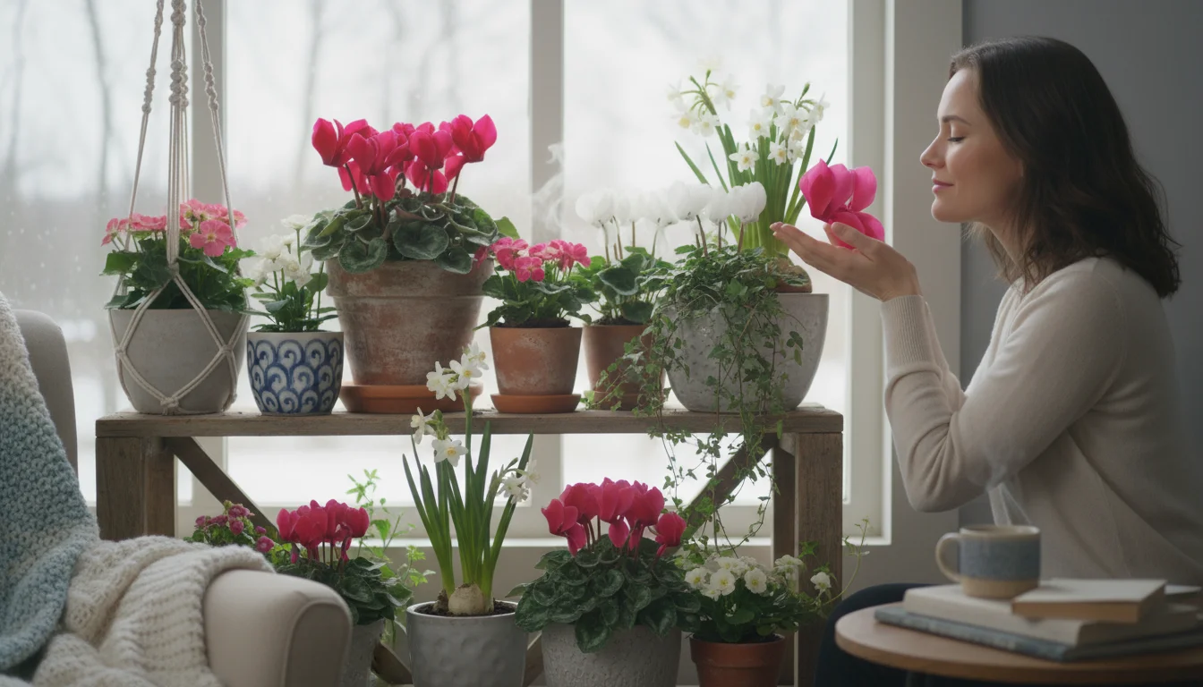 Woman's hand gently smelling a vibrant pink cyclamen flower on a wooden shelf with other blooming fragrant houseplants, winter window in background.